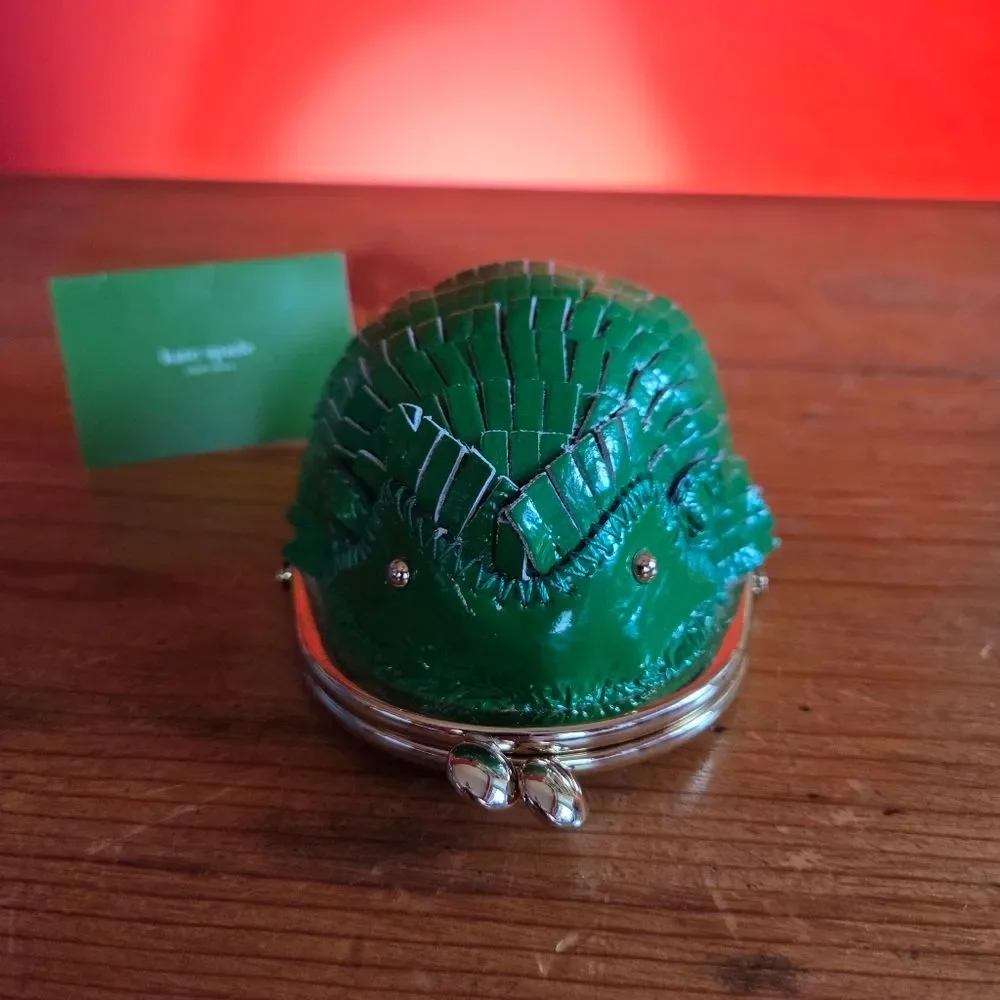 Kate Spade Green Leather Hedgehog Coin Purse Kiss Lock Lined